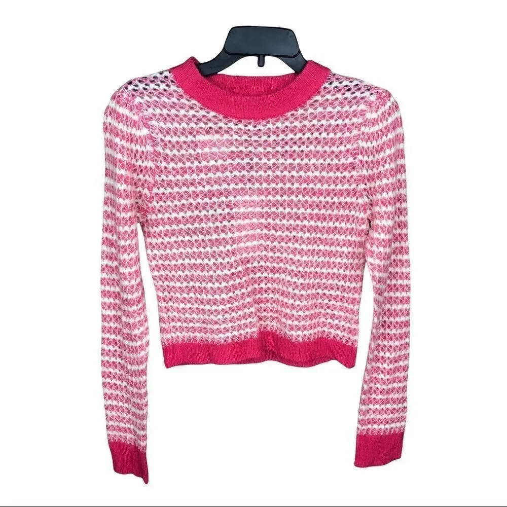 Nordstrom Rack WAYF Crew Neck Sweater Loose Knit Pink Tan Ribbed cuffs hem XS